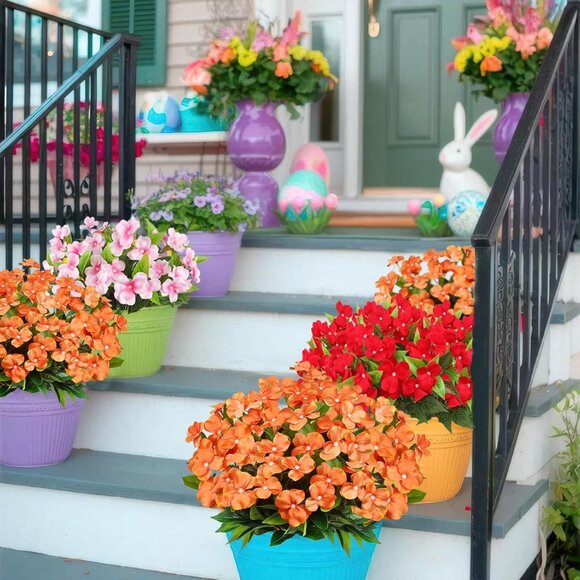 2-Pcs Orange Artificial Faux Silk Flowers Hanging Basket Lawn Garden Decoration - Picture 5 of 7